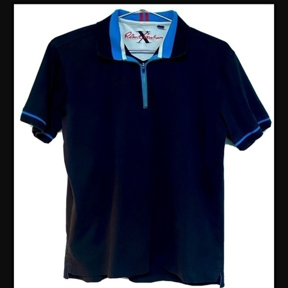 ROBERT GRAHAM Navy Blue Short Sleeve Polo Shirt Medium 1/4 Zip.